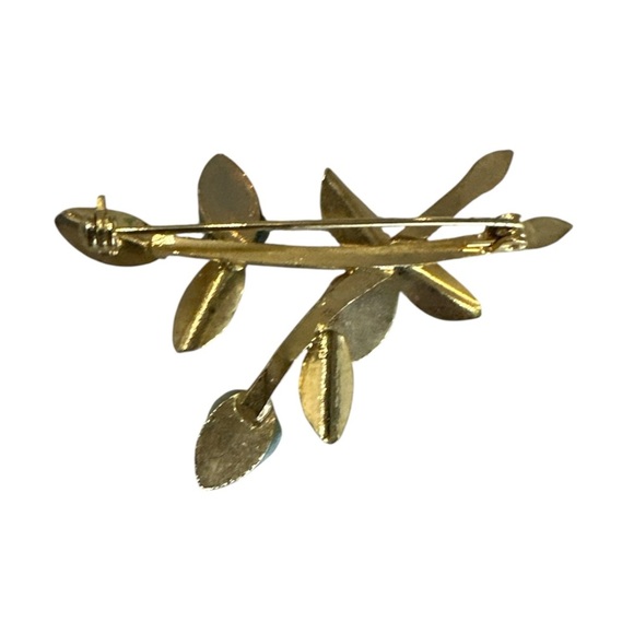 Vintage Gold Tone & Jade Leaf Brooch Shoulder Pin - Picture 3 of 3